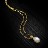 Stainless Steel Retro Gold Color Water Drop Pearl Pendant Necklace for Women Exquisite Korea Chokers Bride Jewelry Colorfast